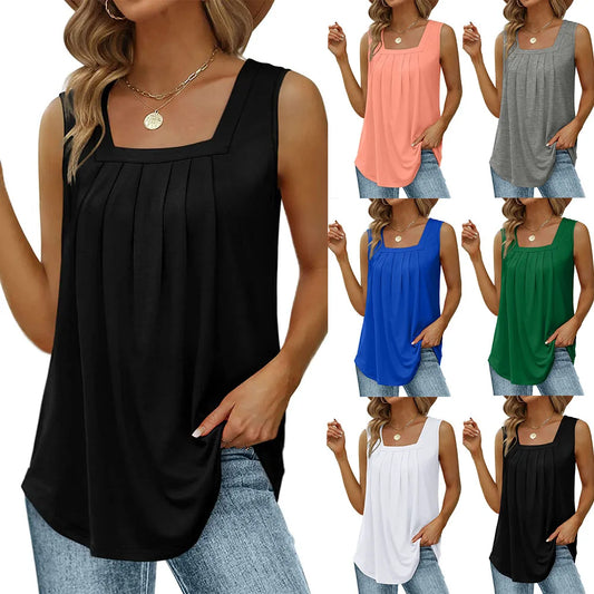 CITSLX Summer Tank Tops for Women Loose Fit Pleated Square Neck Sleeveless Tops Curved Hem Flowy