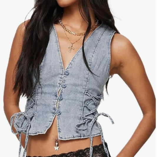 CITSLX Summer Tanks For Women Trendy Women Button Down Denim Vest Sexy Sleeveless Denim Crop Top Low Cut Strapless Jean Ropa De Mujer