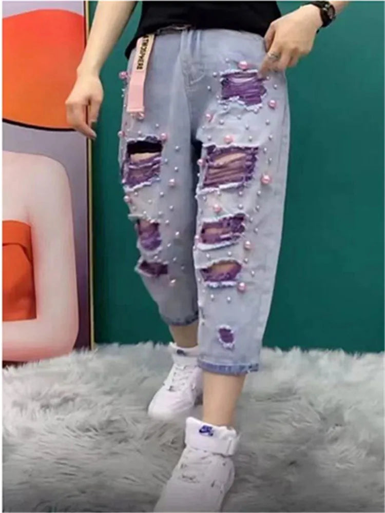 CITSLX Summer Women New Fashion Beaded Holes Loose Jeans Ladies High Waist Personality Thin Denim Harem Pants Female Green Ripped Jean