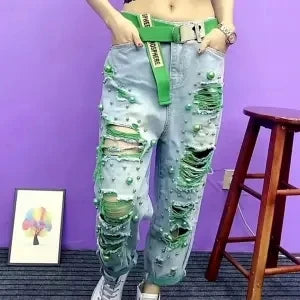 CITSLX Summer Women New Fashion Beaded Holes Loose Jeans Ladies High Waist Personality Thin Denim Harem Pants Female Green Ripped Jean