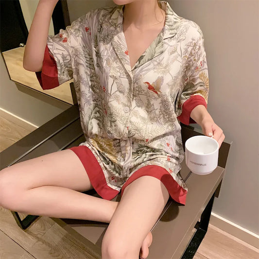 CITSLX Summer Women Pajama Set Short Sleeve Pajamas for Woman Stain Silk Fashion Luxury Pijamas Flowers Bird Print Lapel Sleepwear