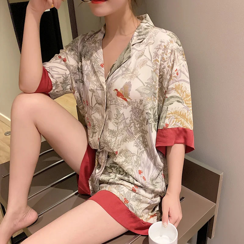 CITSLX Summer Women Pajama Set Short Sleeve Pajamas for Woman Stain Silk Fashion Luxury Pijamas Flowers Bird Print Lapel Sleepwear