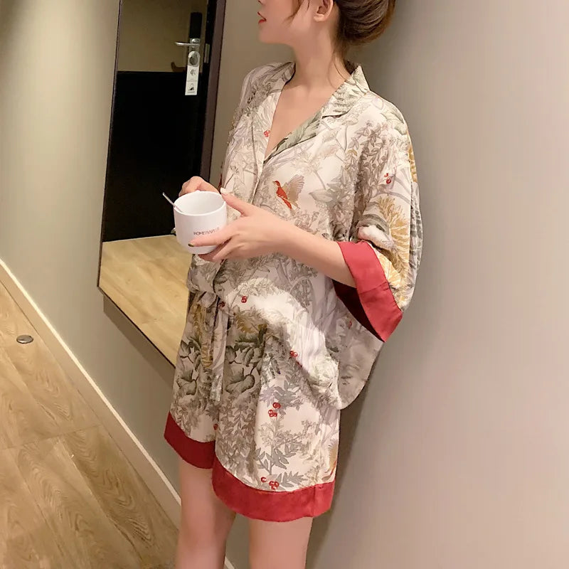 CITSLX Summer Women Pajama Set Short Sleeve Pajamas for Woman Stain Silk Fashion Luxury Pijamas Flowers Bird Print Lapel Sleepwear