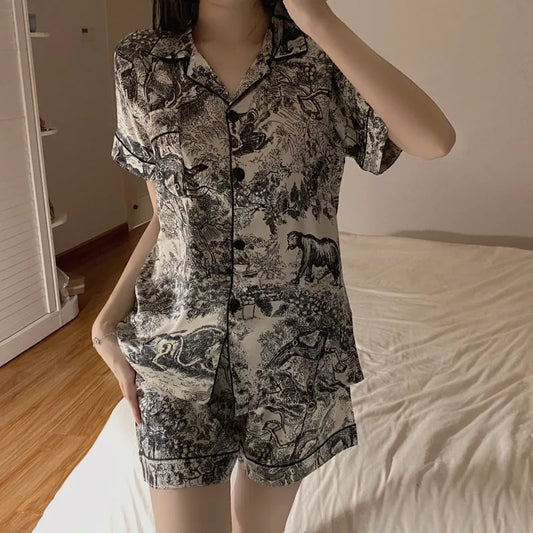 CITSLX Summer Women Pajamas Set V-neck Short Sleeve Sleepwear Printing Plus Size Nightwear Female Pyjamas