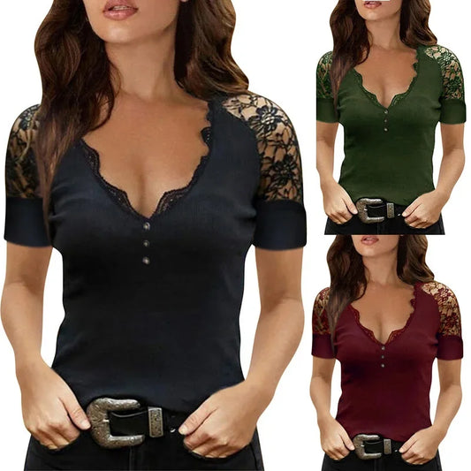 CITSLX Summer Women'S 5Xl Casual V Neck Lace Short Sleeve T Shirt Sexy Solid Color Office Ladies Top