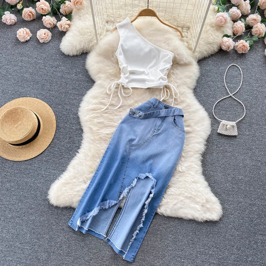 CITSLX Summer Women Two 2 Piece Set Sexy  One Shoulder Crop Top+High Waist Button-up Denim Skirts Korean Office Lady Sleeveless Suits