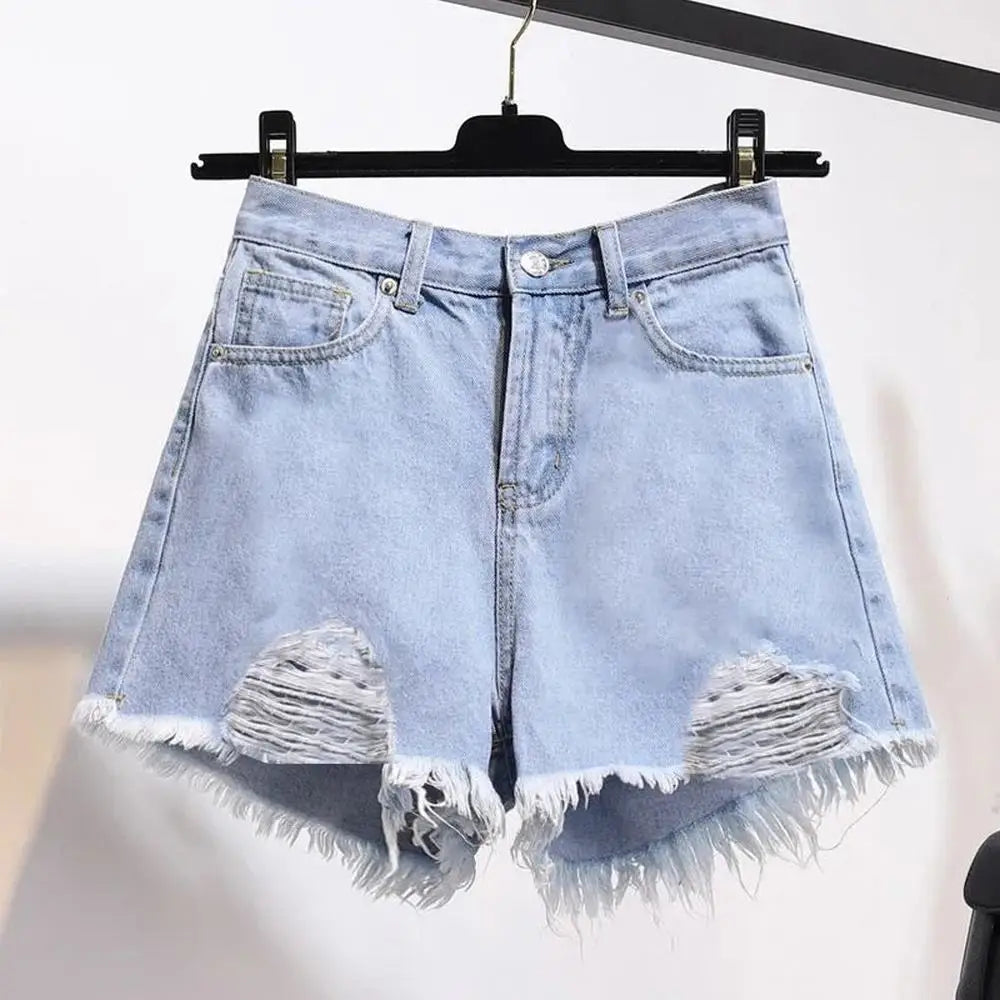 CITSLX Summer Women's Cowboy Shorts Korean High Waist Casual Denim Shorts Pocket Tassel Perforated Ripped Holes Y2K Girls White Jeans