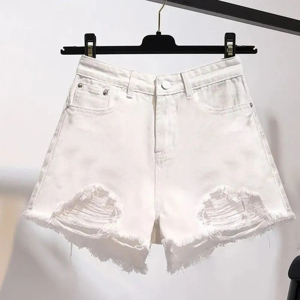 CITSLX Summer Women's Cowboy Shorts Korean High Waist Casual Denim Shorts Pocket Tassel Perforated Ripped Holes Y2K Girls White Jeans