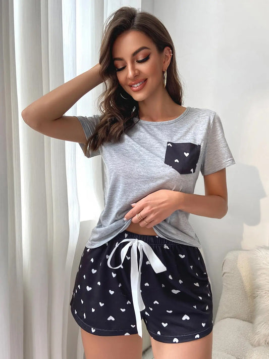 CITSLX Summer Women's Pajamas Set Screw Neck Tee & Shorts Sleepwear 2 Pieces Heart Print Nightwear Elastic Drawstring Homewear Cloth