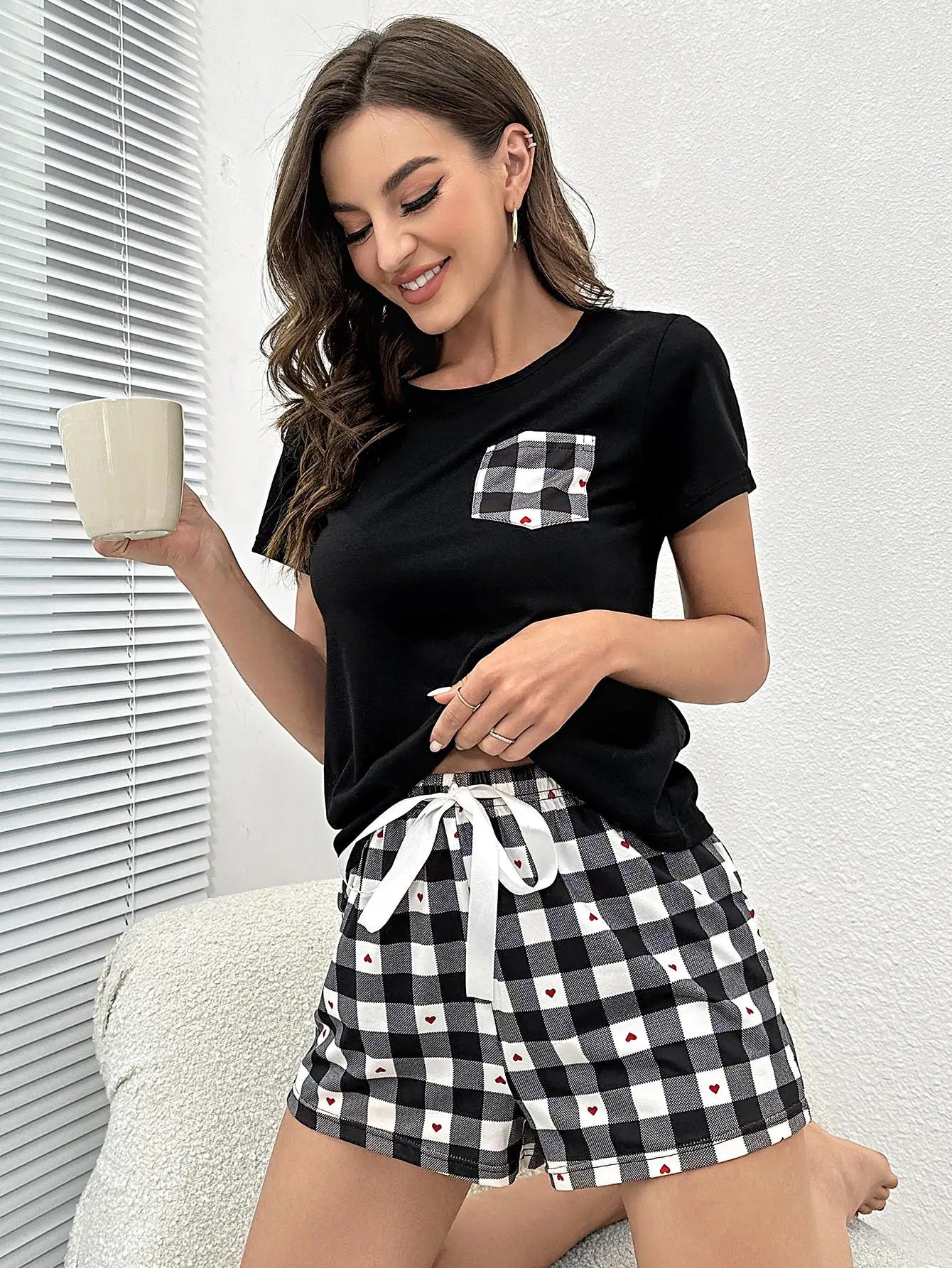 CITSLX Summer Women's Pajamas Set Screw Neck Tee & Shorts Sleepwear 2 Pieces Heart Print Nightwear Elastic Drawstring Homewear Cloth