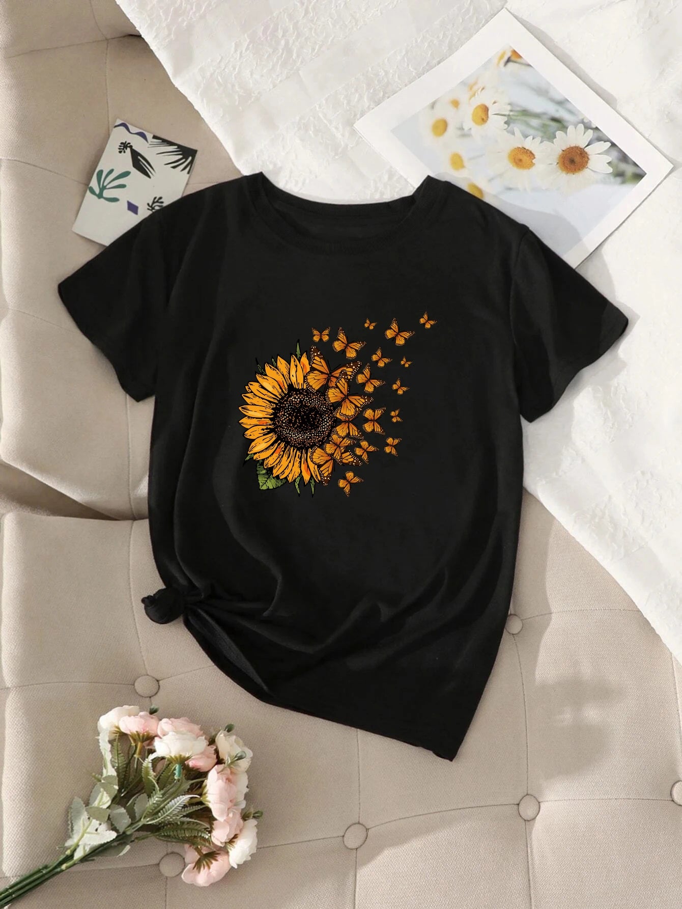 CITSLX Sunflowers and butterflies Tee,Print Crew Neck T-shirt,Women's Casual Loose Short Sleeve Fashion Summer T-Shirts Tops