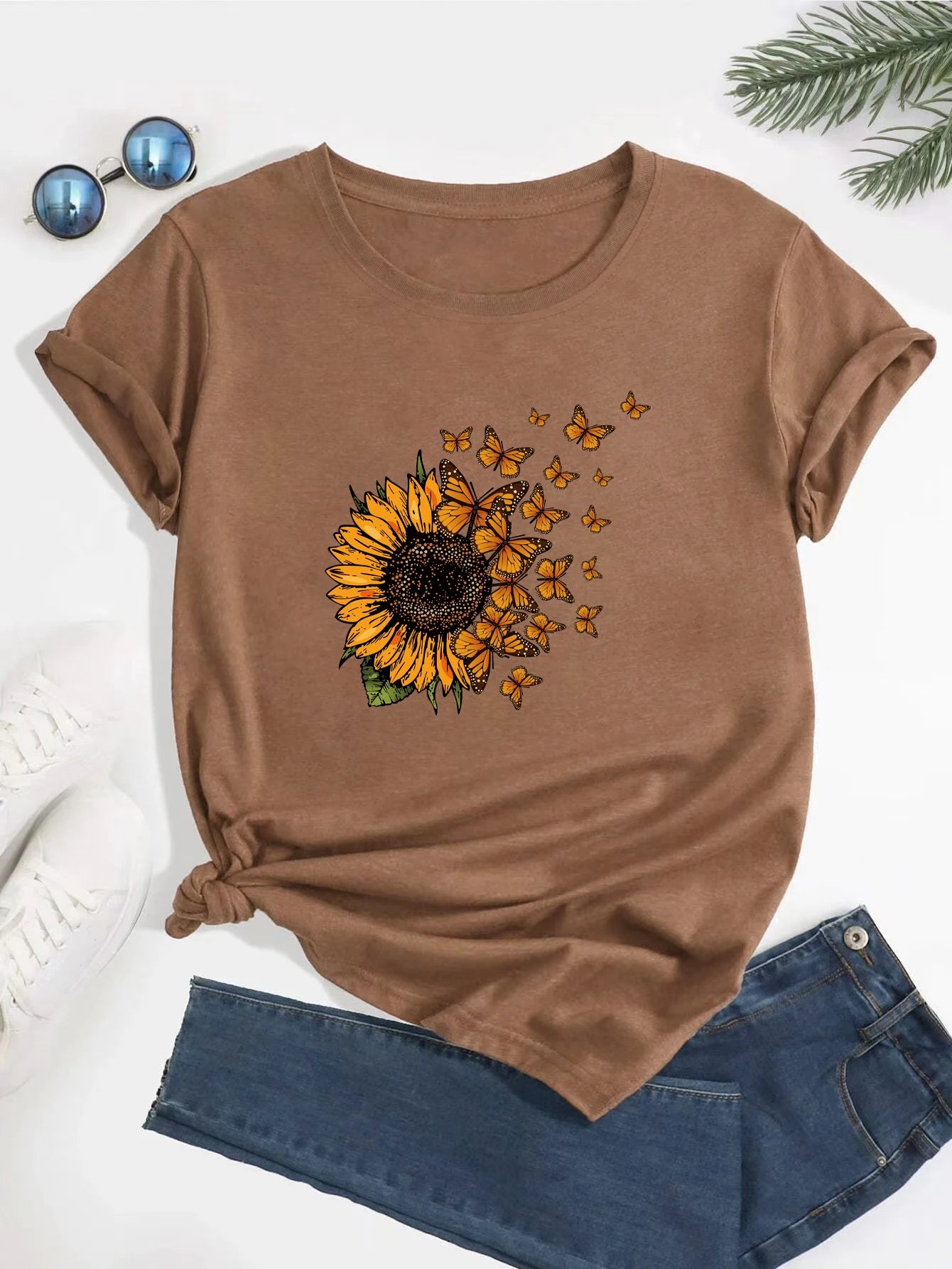 CITSLX Sunflowers and butterflies Tee,Print Crew Neck T-shirt,Women's Casual Loose Short Sleeve Fashion Summer T-Shirts Tops