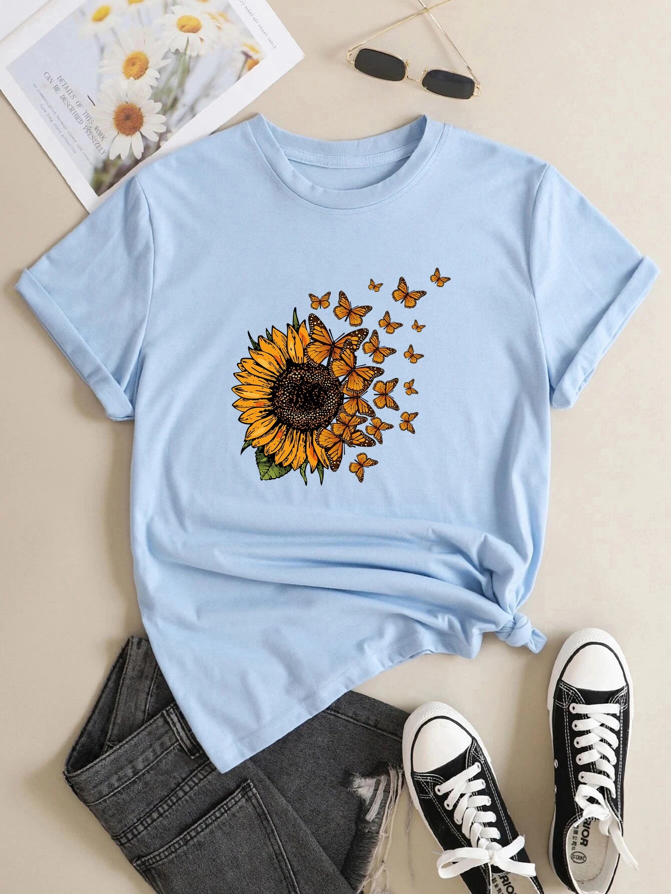 CITSLX Sunflowers and butterflies Tee,Print Crew Neck T-shirt,Women's Casual Loose Short Sleeve Fashion Summer T-Shirts Tops