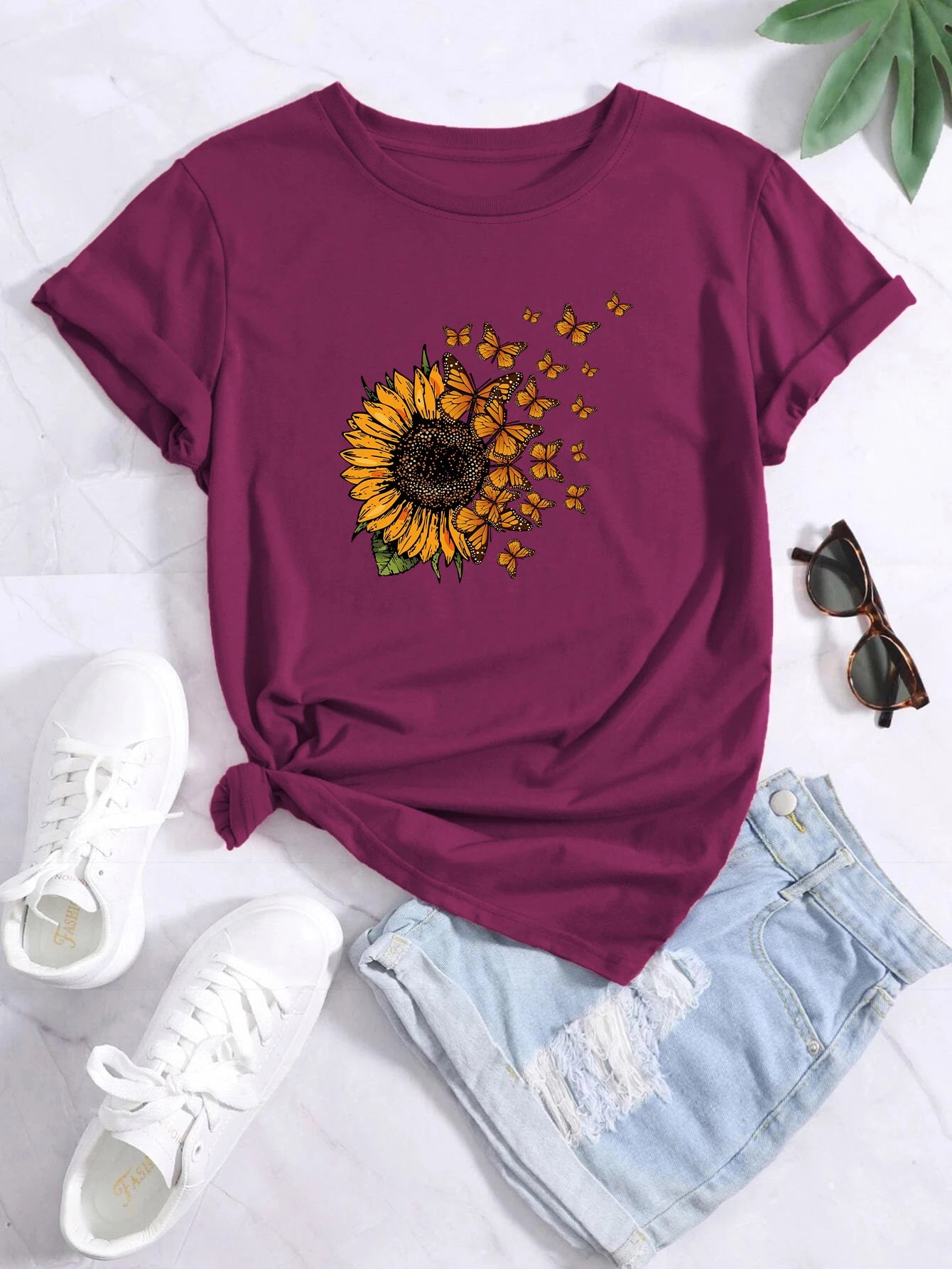 CITSLX Sunflowers and butterflies Tee,Print Crew Neck T-shirt,Women's Casual Loose Short Sleeve Fashion Summer T-Shirts Tops