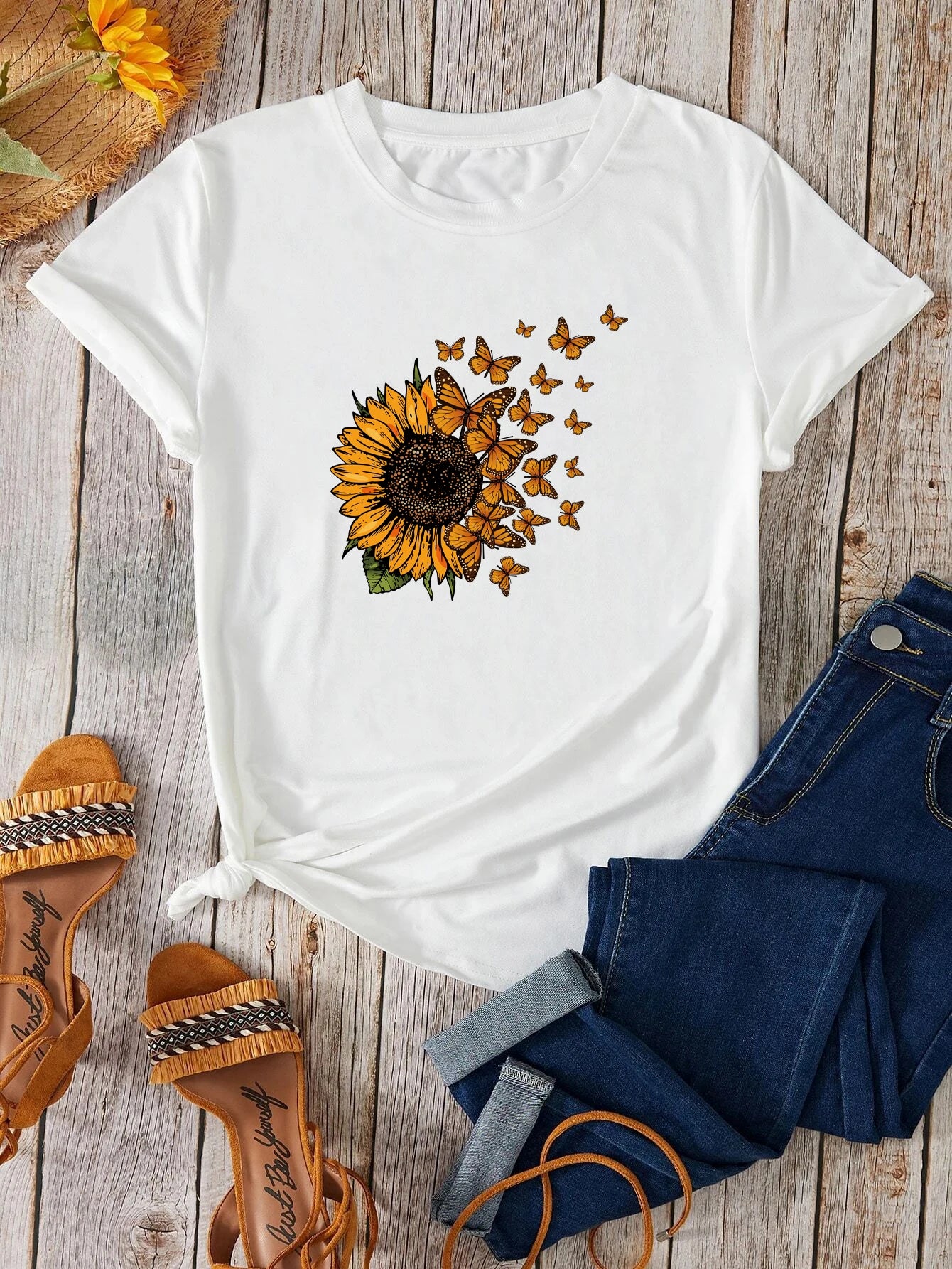 CITSLX Sunflowers and butterflies Tee,Print Crew Neck T-shirt,Women's Casual Loose Short Sleeve Fashion Summer T-Shirts Tops