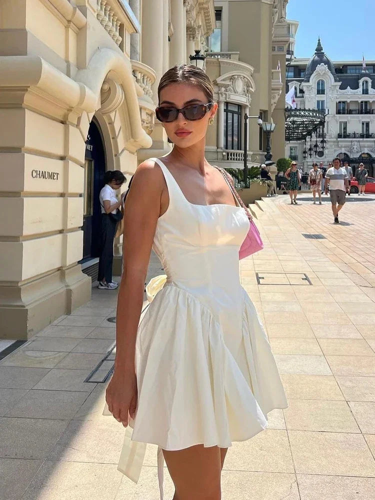 CITSLX Suninheart Summer Sexy Square Collar Backless Party Dresses Mini White Drape A Line Night Date Dress Big Bow Women New In Dress