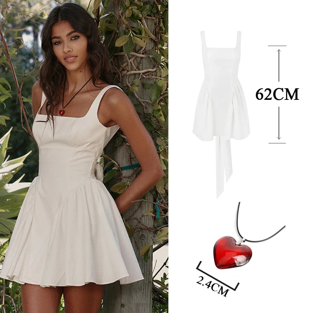 CITSLX Suninheart Summer Sexy Square Collar Backless Party Dresses Mini White Drape A Line Night Date Dress Big Bow Women New In Dress