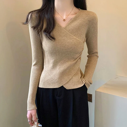 CITSLX Surplice Sweater for Women Pullovers Ribbed Knit V-Neck Long Sleeve Button Side Plain Jumper Teen-girl Fall Winter Basic Outfit