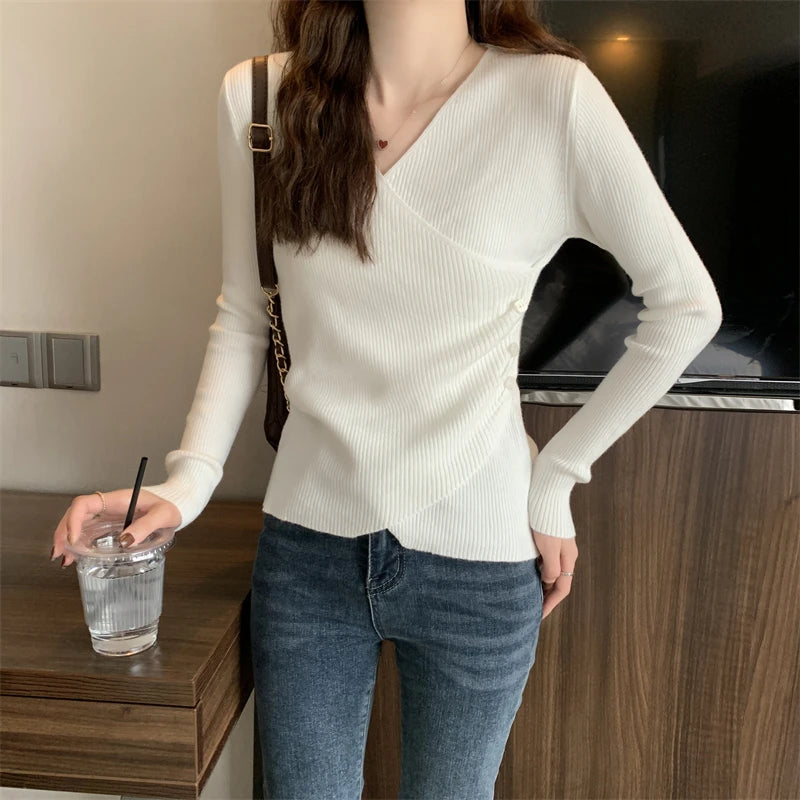 CITSLX Surplice Sweater for Women Pullovers Ribbed Knit V-Neck Long Sleeve Button Side Plain Jumper Teen-girl Fall Winter Basic Outfit