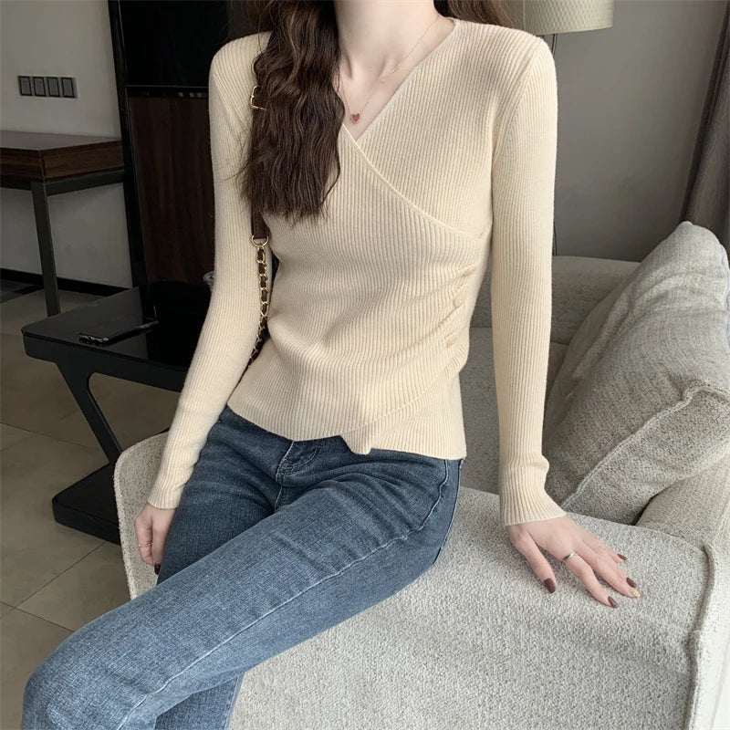 CITSLX Surplice Sweater for Women Pullovers Ribbed Knit V-Neck Long Sleeve Button Side Plain Jumper Teen-girl Fall Winter Basic Outfit