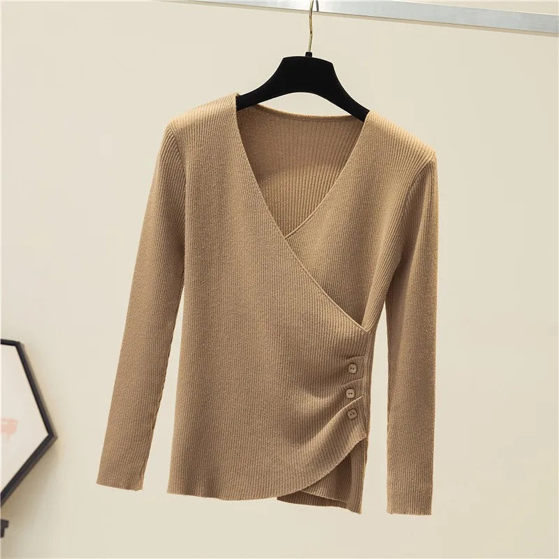 CITSLX Surplice Sweater for Women Pullovers Ribbed Knit V-Neck Long Sleeve Button Side Plain Jumper Teen-girl Fall Winter Basic Outfit