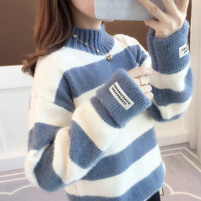 CITSLX Sweater Women 2024 fashion Turtleneck Pullover Stripe Thick coarse yarn Wool warm Sweater Women Clothes Vestidos LXJ9005