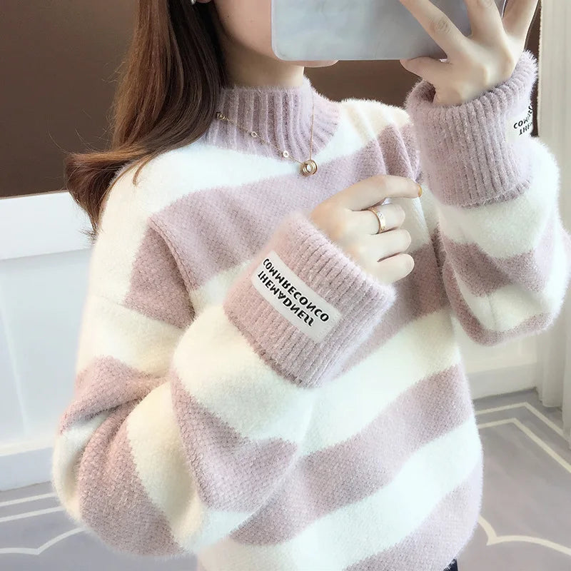 CITSLX Sweater Women 2024 fashion Turtleneck Pullover Stripe Thick coarse yarn Wool warm Sweater Women Clothes Vestidos LXJ9005