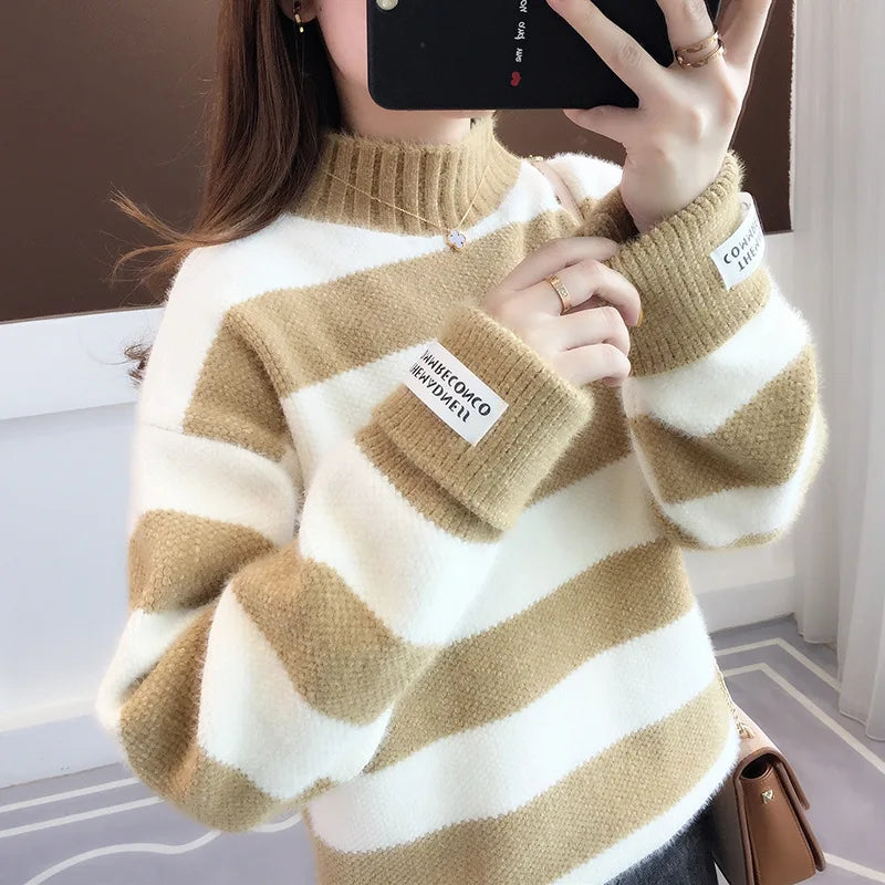 CITSLX Sweater Women 2024 fashion Turtleneck Pullover Stripe Thick coarse yarn Wool warm Sweater Women Clothes Vestidos LXJ9005