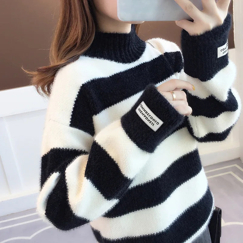 CITSLX Sweater Women 2024 fashion Turtleneck Pullover Stripe Thick coarse yarn Wool warm Sweater Women Clothes Vestidos LXJ9005