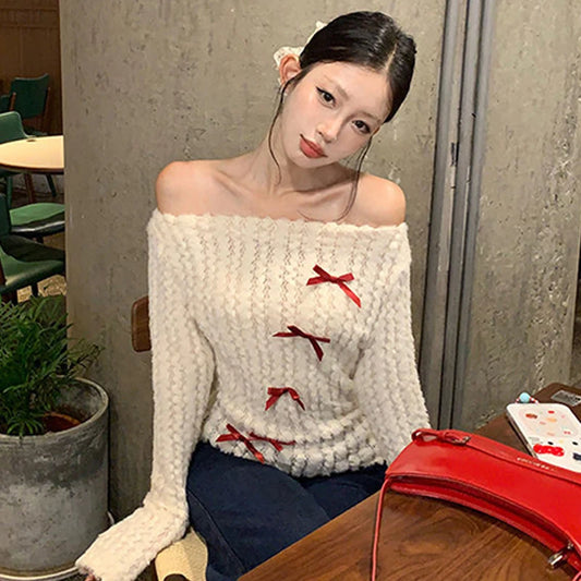 CITSLX Sweet Bow Knitted Pullover Women Off Shoulder Sexy Long Sleeve Sweaters Korean Style Kawaii Autumn Winter Pullovers