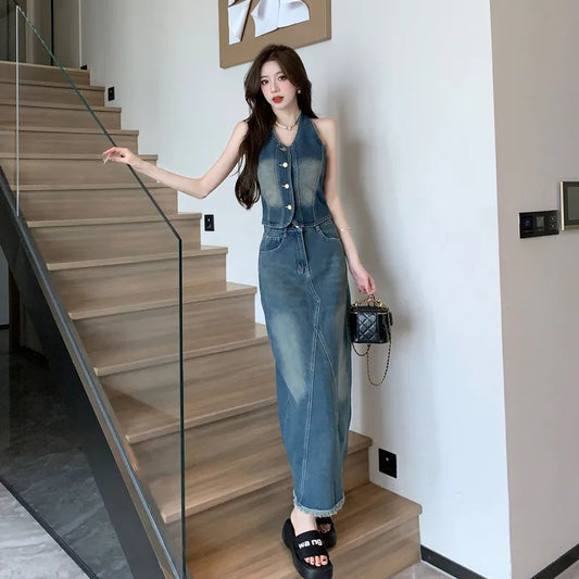 CITSLX Sweet Hot Girl Denim Suit Women's Summer Backless Halter Neck Vest High Waisted Denim Long Skirt Two-piece Set Female Clothes