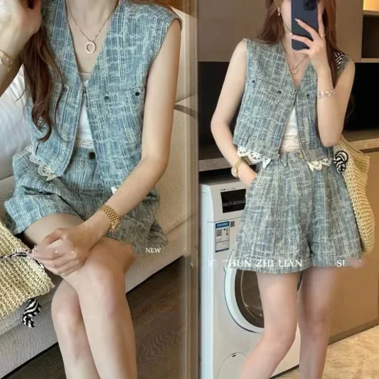 CITSLX Sweet Hot Girl Denim Suit Women's Summer V-neck Zipper Lace Vest High Waisted Shorts Two-piece Set Fashion Female Clothes