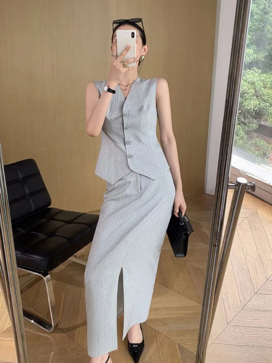 CITSLX Sweet Hot Girl Grey Striped Suit Women's Summer Sleeveless Vest High Waist Split Long Skirt Two-piece Set Fashion Female Clothes