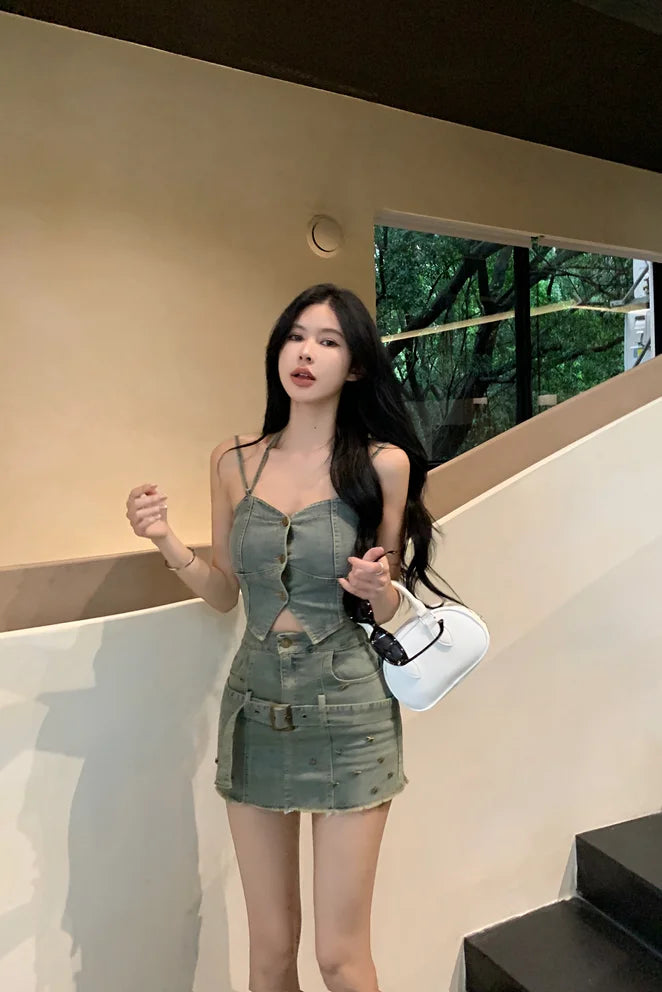 CITSLX Sweet Hot Girl Retro Denim Suit Women's Summer Halter Neck Strapless Top High Waist Hip Wrap Skirt Two-piece Set Female Clothes