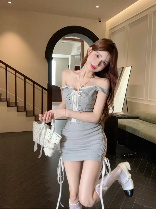 CITSLX Sweet Hot Girl Sexy Suit Women's Summer Lace Slash Neck Slim Fit Short Top Pleated Wrap Hip Skirt Two-piece Set Female Clothes