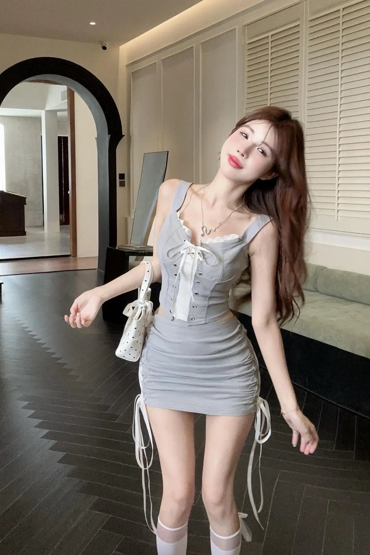 CITSLX Sweet Hot Girl Sexy Suit Women's Summer Lace Slash Neck Slim Fit Short Top Pleated Wrap Hip Skirt Two-piece Set Female Clothes