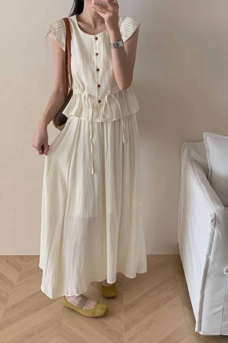 CITSLX Sweet Hot Girl Suit for Women's Summer Single Breasted Ruffled Vest High Waist Long Skirt Two-piece Set Fashion Female Clothes