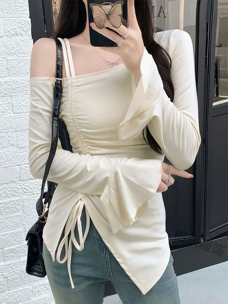 CITSLX Sweet Sexy Drawstring Ribbon White Off Shoulder Top Women Basic Long Sleeve Body T-Shirt Elegant Flare Sleeve Lady Tees