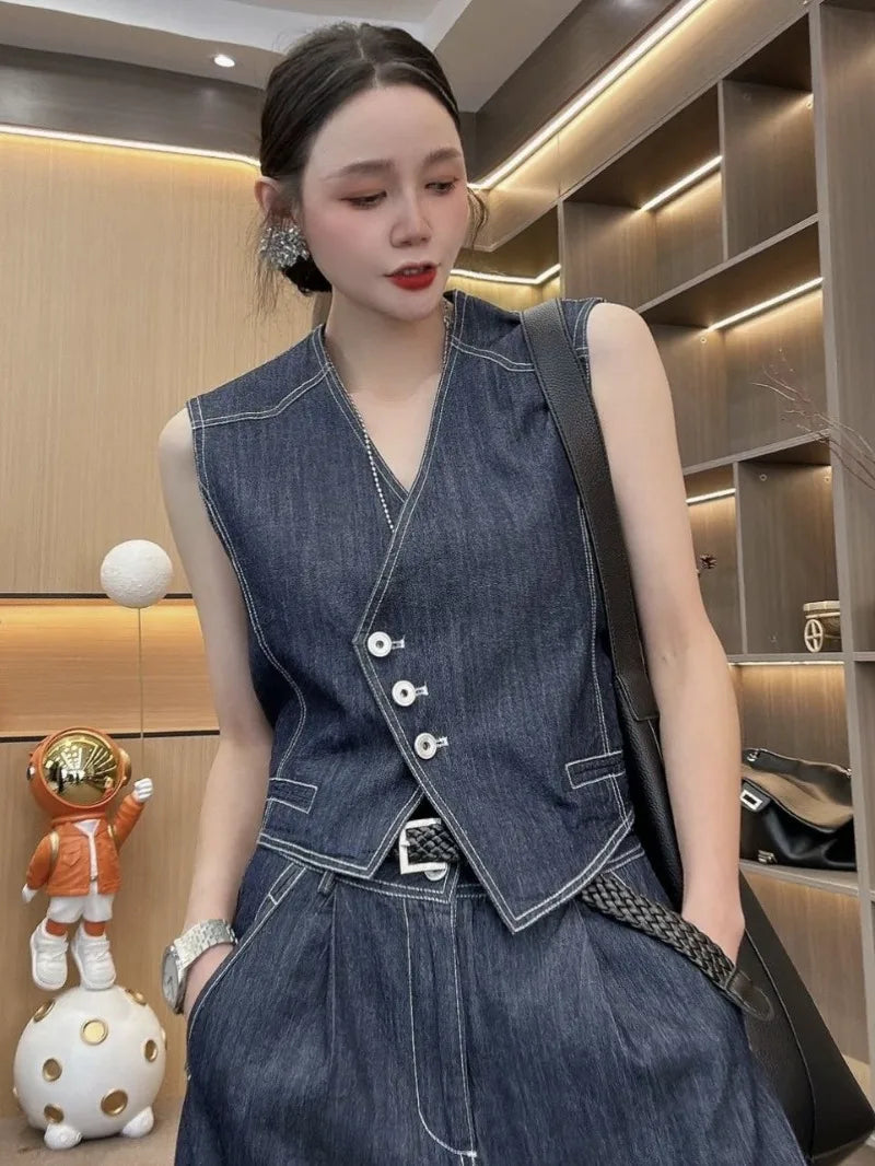 CITSLX Sweet hot girl commuting suit women's summer retro V-neck denim vest casual wide leg pants two-piece set fashion female clothes