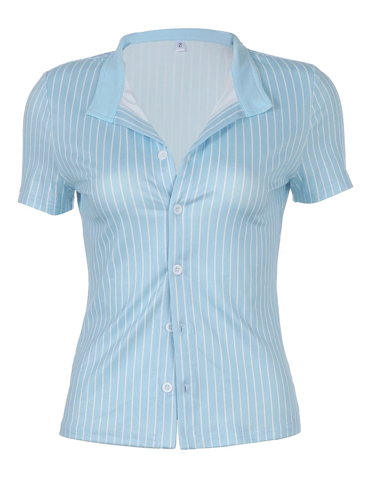 CITSLX Sweetown Blue Stripe Short Sleeve Shirts For Women Button Up Turn Down Collar Slim Simple Casual Preppy Tops Basic Summer Tees