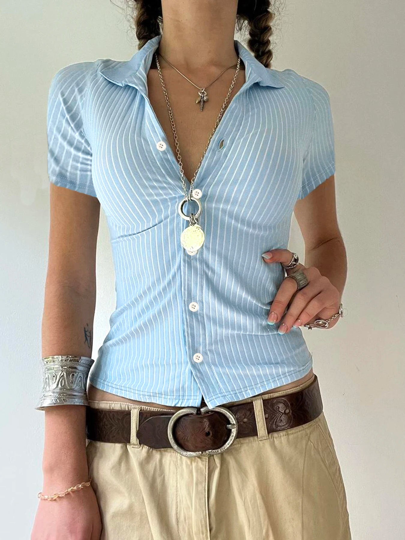 CITSLX Sweetown Blue Stripe Short Sleeve Shirts For Women Button Up Turn Down Collar Slim Simple Casual Preppy Tops Basic Summer Tees