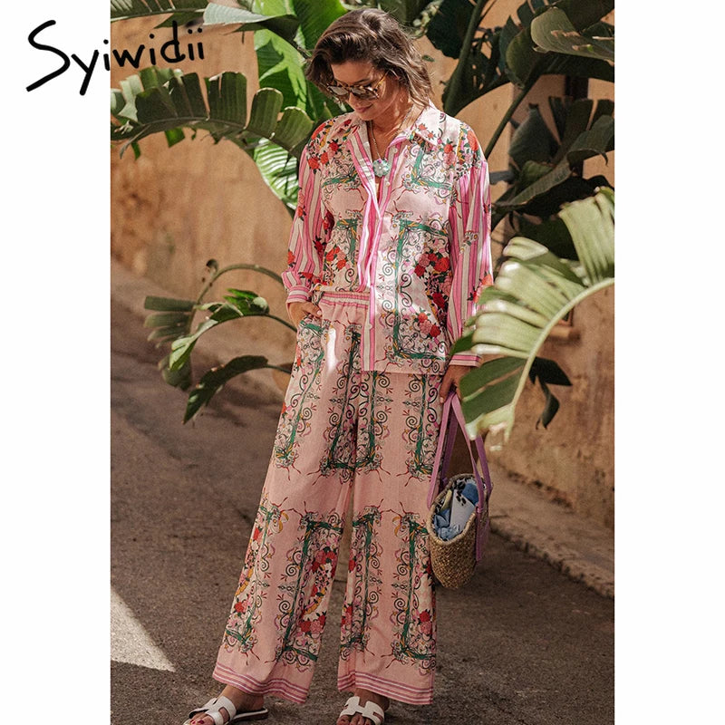 CITSLX Syiwidii Fashion Print Women Suit Loose Single Breasted Long Sleeve Shirt Straight Pants Elegant Casual Vacation 2 Piece Sets