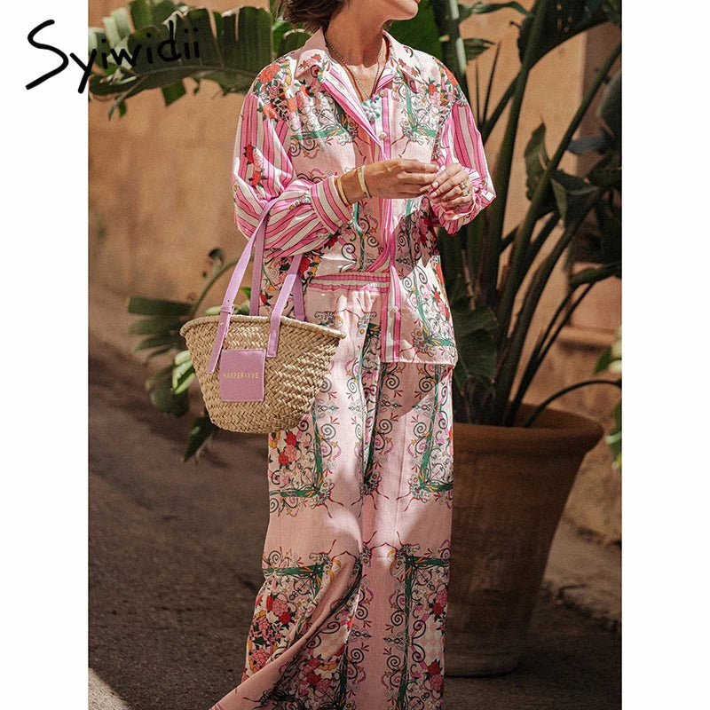 CITSLX Syiwidii Fashion Print Women Suit Loose Single Breasted Long Sleeve Shirt Straight Pants Elegant Casual Vacation 2 Piece Sets