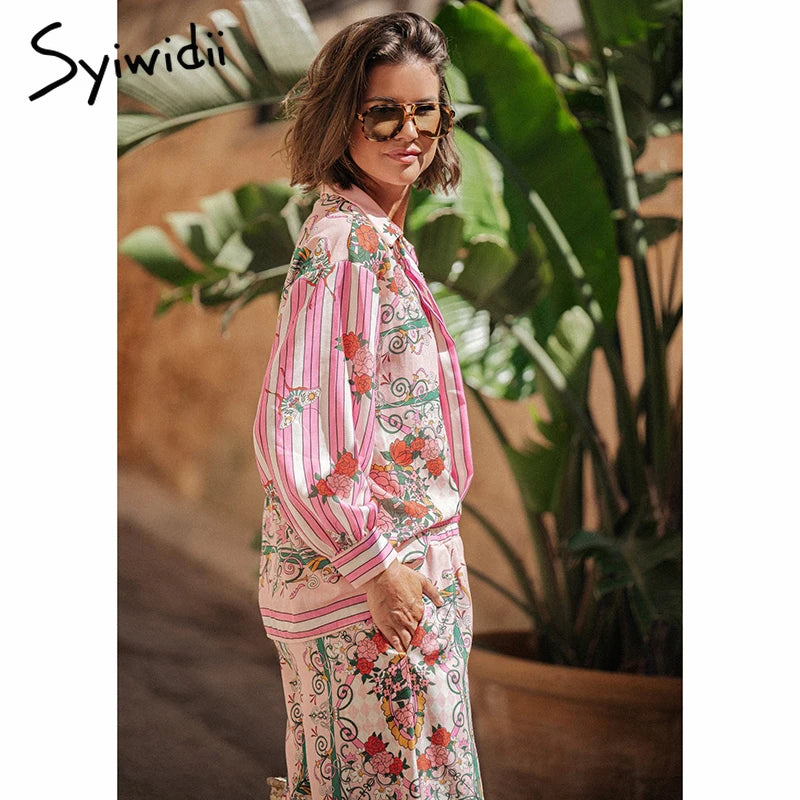 CITSLX Syiwidii Fashion Print Women Suit Loose Single Breasted Long Sleeve Shirt Straight Pants Elegant Casual Vacation 2 Piece Sets