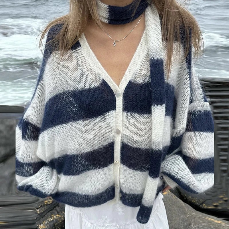 CITSLX TARUXY Fashion Striped Sweater Cardigan With Scarf Female Loose Thin Hollow Knitted Top Lantern Sleeve Contrast Color Retro Top