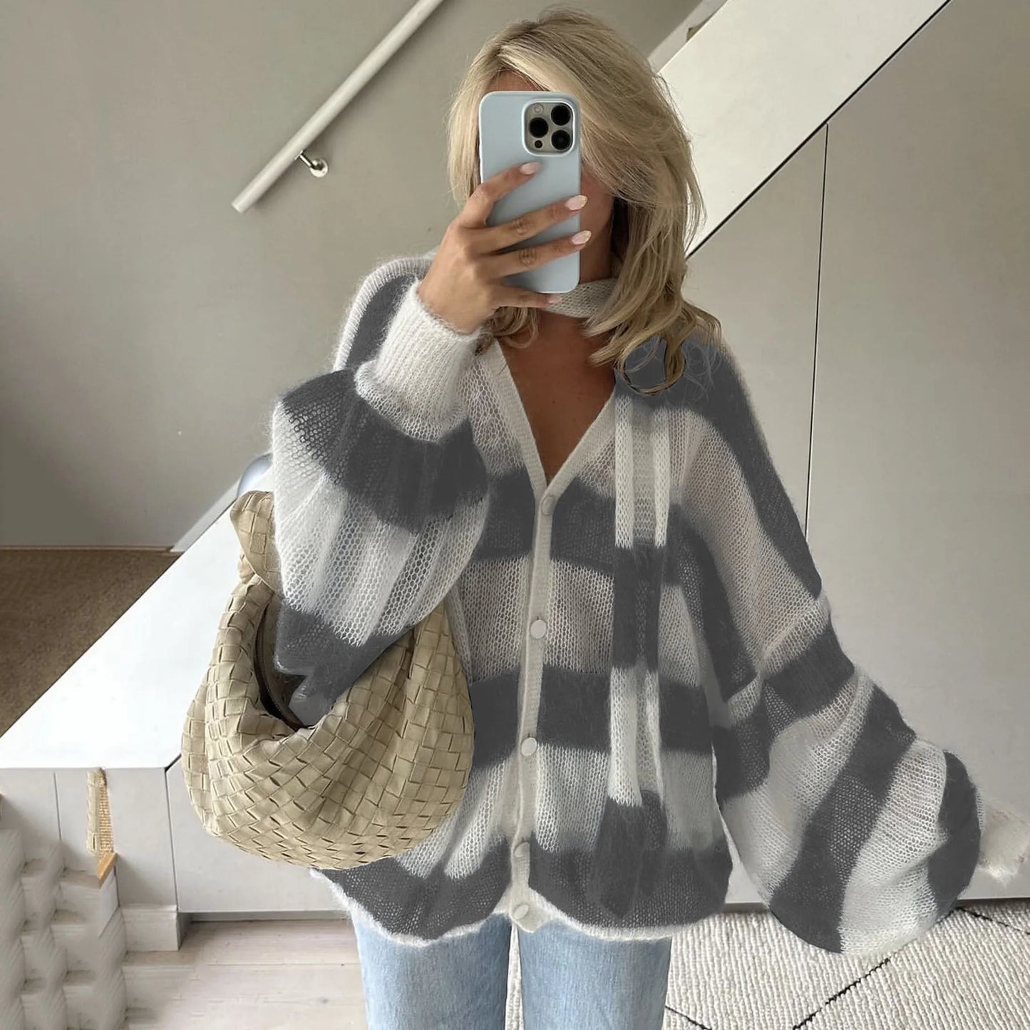 CITSLX TARUXY Fashion Striped Sweater Cardigan With Scarf Female Loose Thin Hollow Knitted Top Lantern Sleeve Contrast Color Retro Top