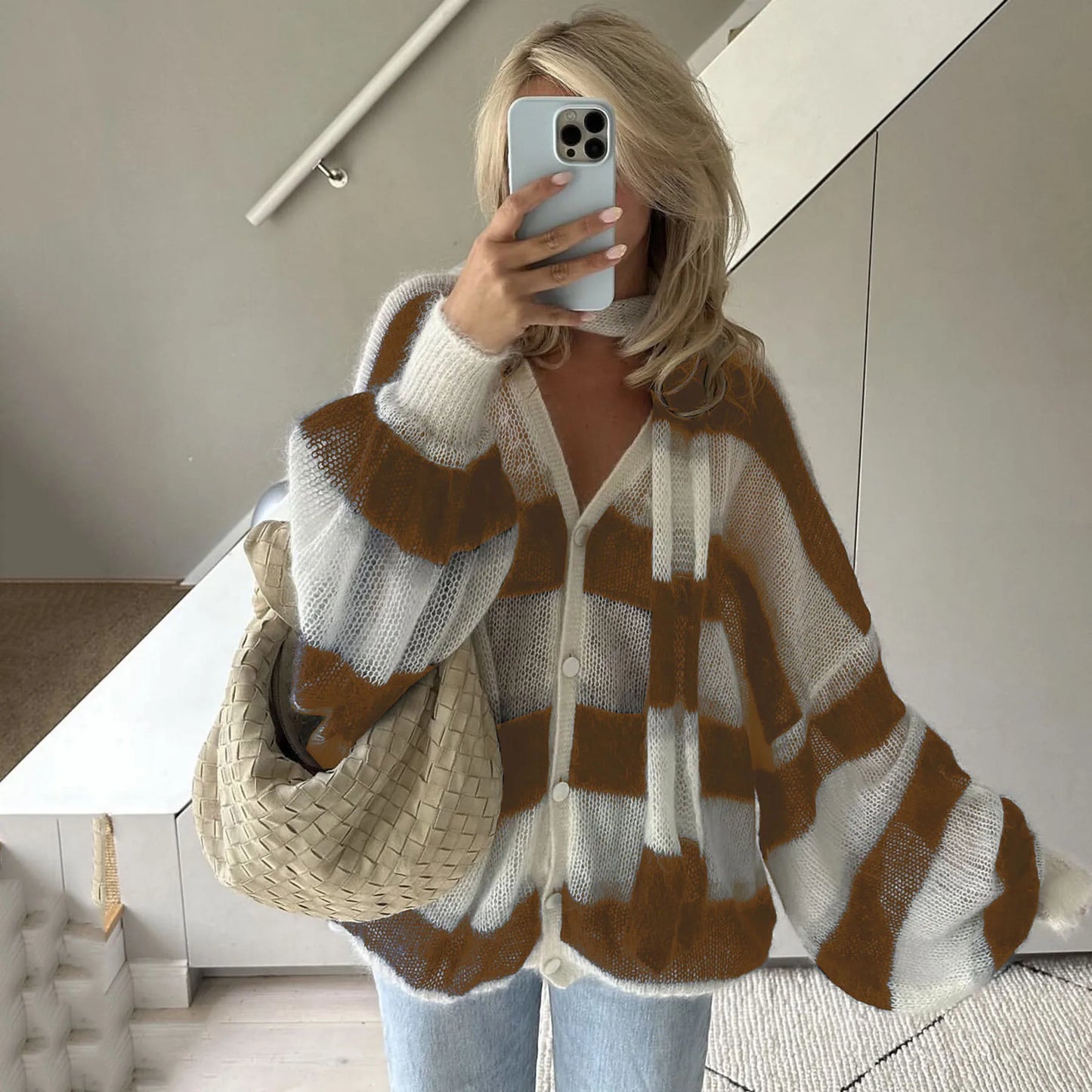 CITSLX TARUXY Fashion Striped Sweater Cardigan With Scarf Female Loose Thin Hollow Knitted Top Lantern Sleeve Contrast Color Retro Top