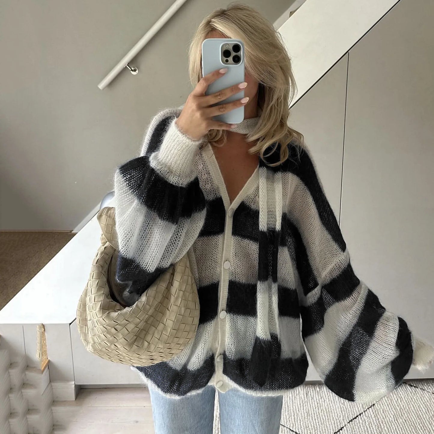 CITSLX TARUXY Fashion Striped Sweater Cardigan With Scarf Female Loose Thin Hollow Knitted Top Lantern Sleeve Contrast Color Retro Top