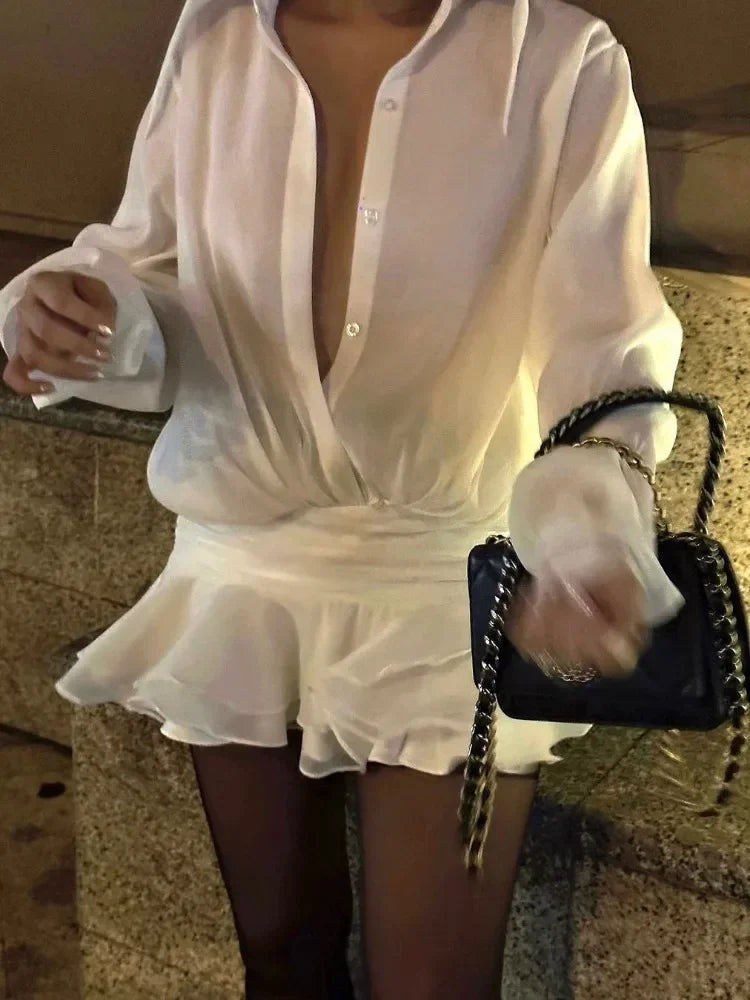 CITSLX TARUXY White Chiffon Mini Dress For Women Casual Loose Oversized Pleated Mini Dress See-through Summer Beach Elegant Shirt Dress