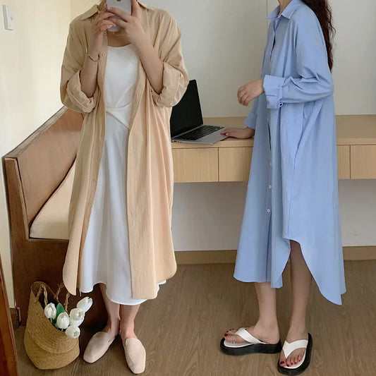 CITSLX TFETTERS Long Shirt Dresses Women Korean Fashion Casual Loose Long Sleeve Shirt Women X-Long Knee-length Button Up Coat Shirt